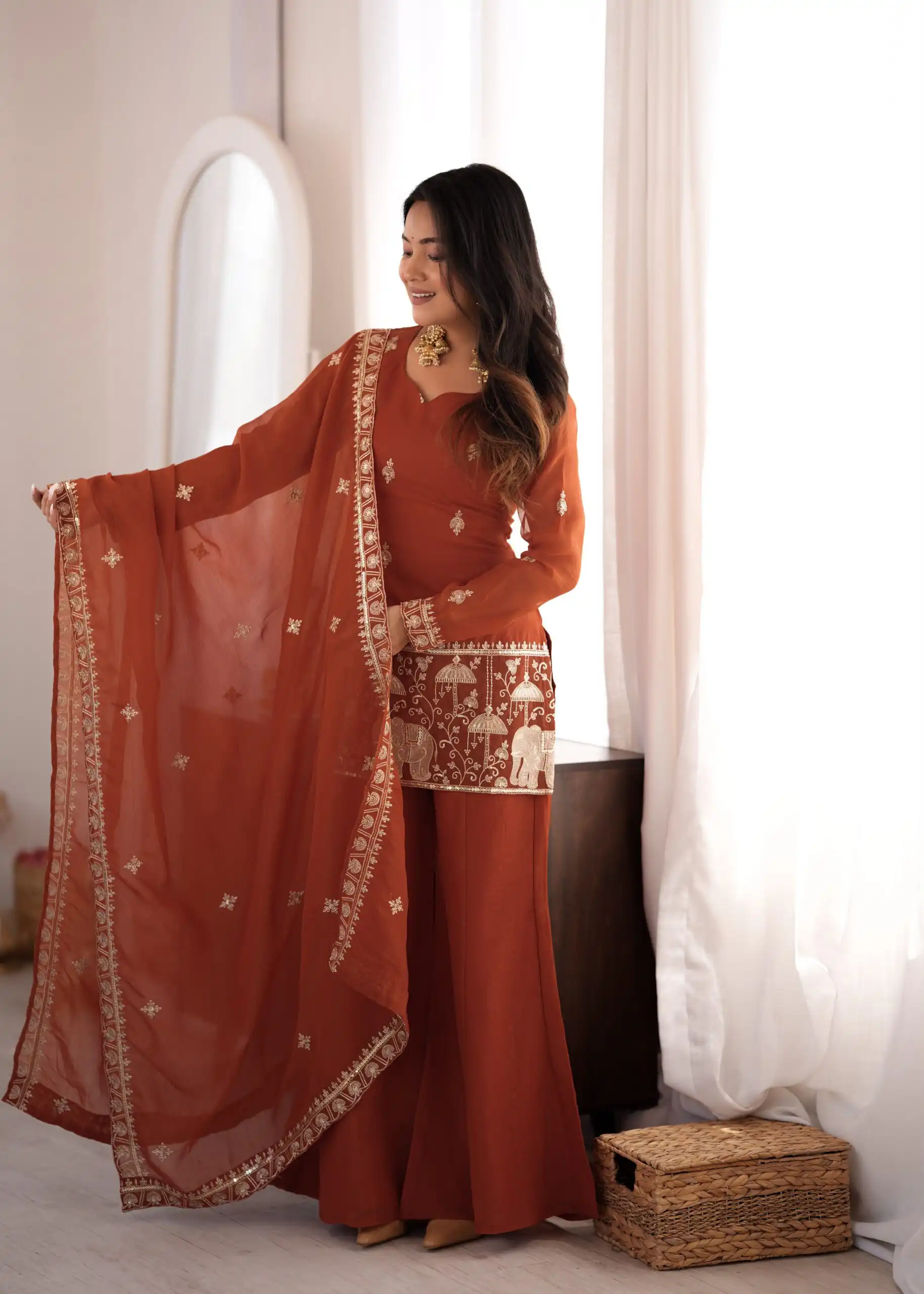 Shiny Rust Crunchy Silk Embroider Salwar Suit - Image 5