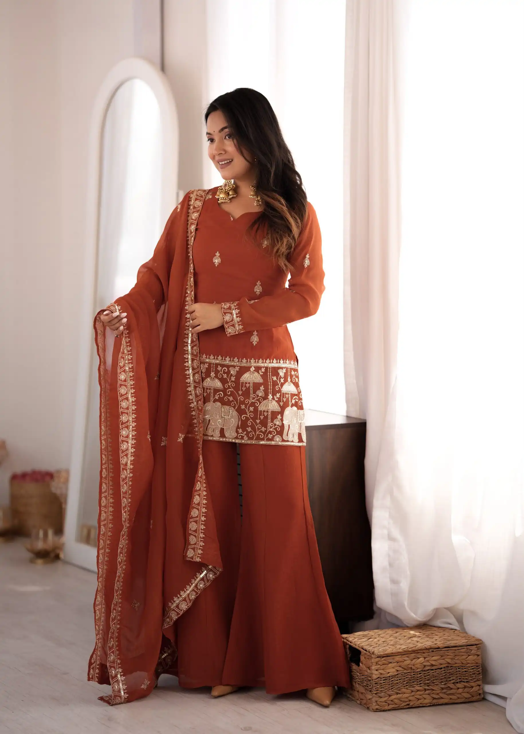 Shiny Rust Crunchy Silk Embroider Salwar Suit - Image 2