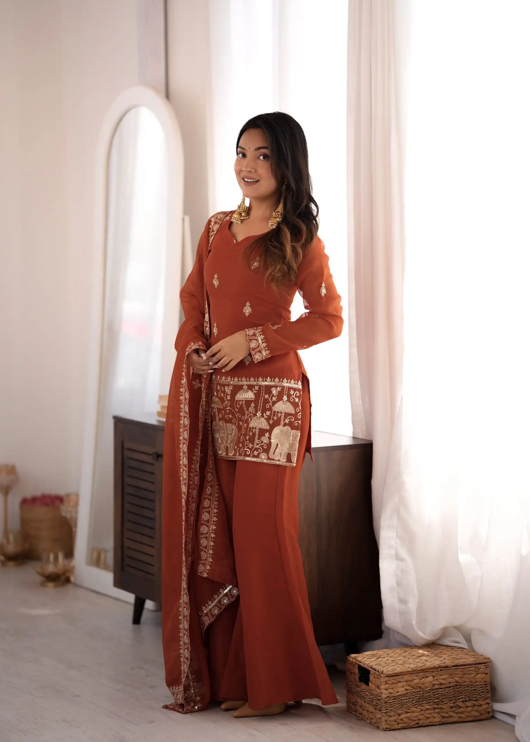 Shiny Rust Crunchy Silk Embroider Salwar Suit