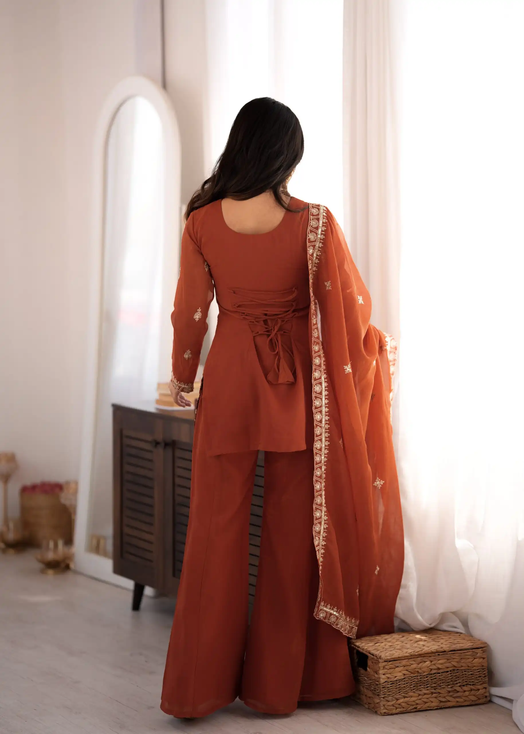Shiny Rust Crunchy Silk Embroider Salwar Suit - Image 8