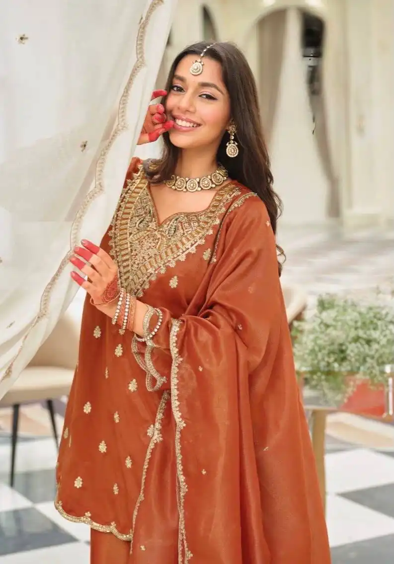 Shiny Rust Natural Silk Embroider Work Salwar Suit - Image 3
