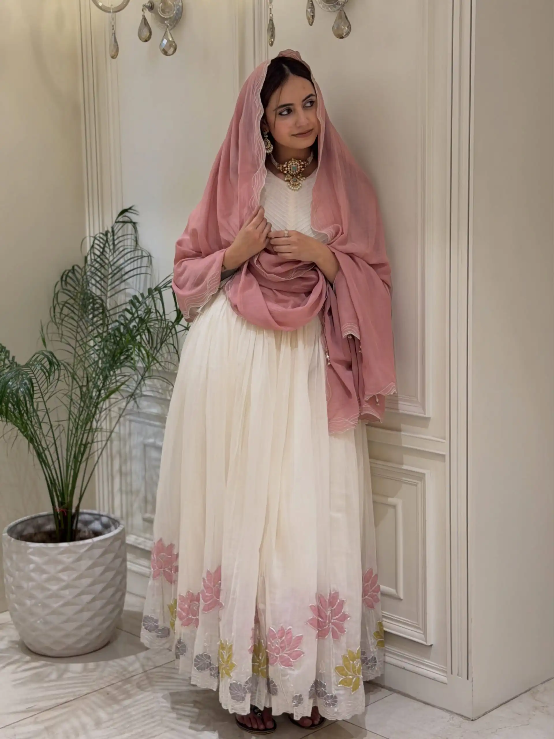 Shiny White Faux Georgette Embroidery Work Gown
