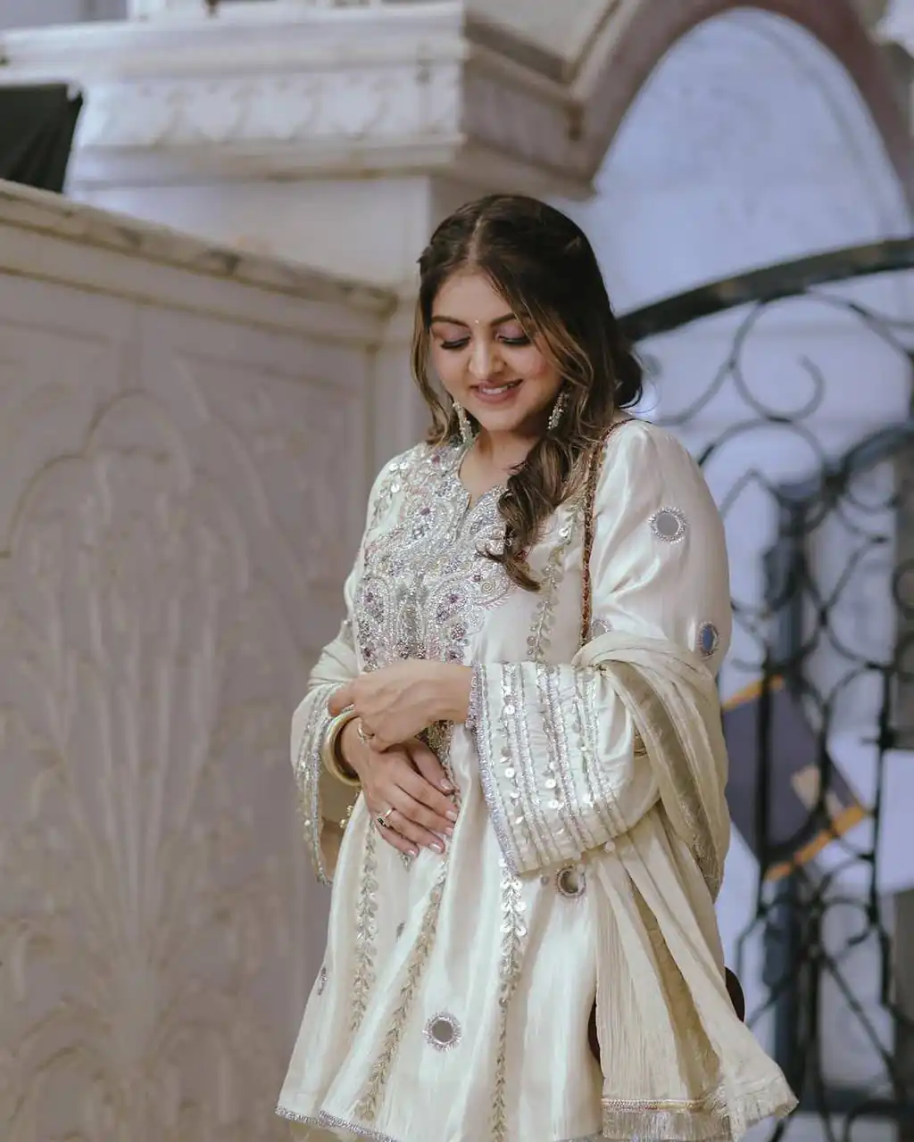 Shiny White Natural Crep Sequence Work Salwar Suit