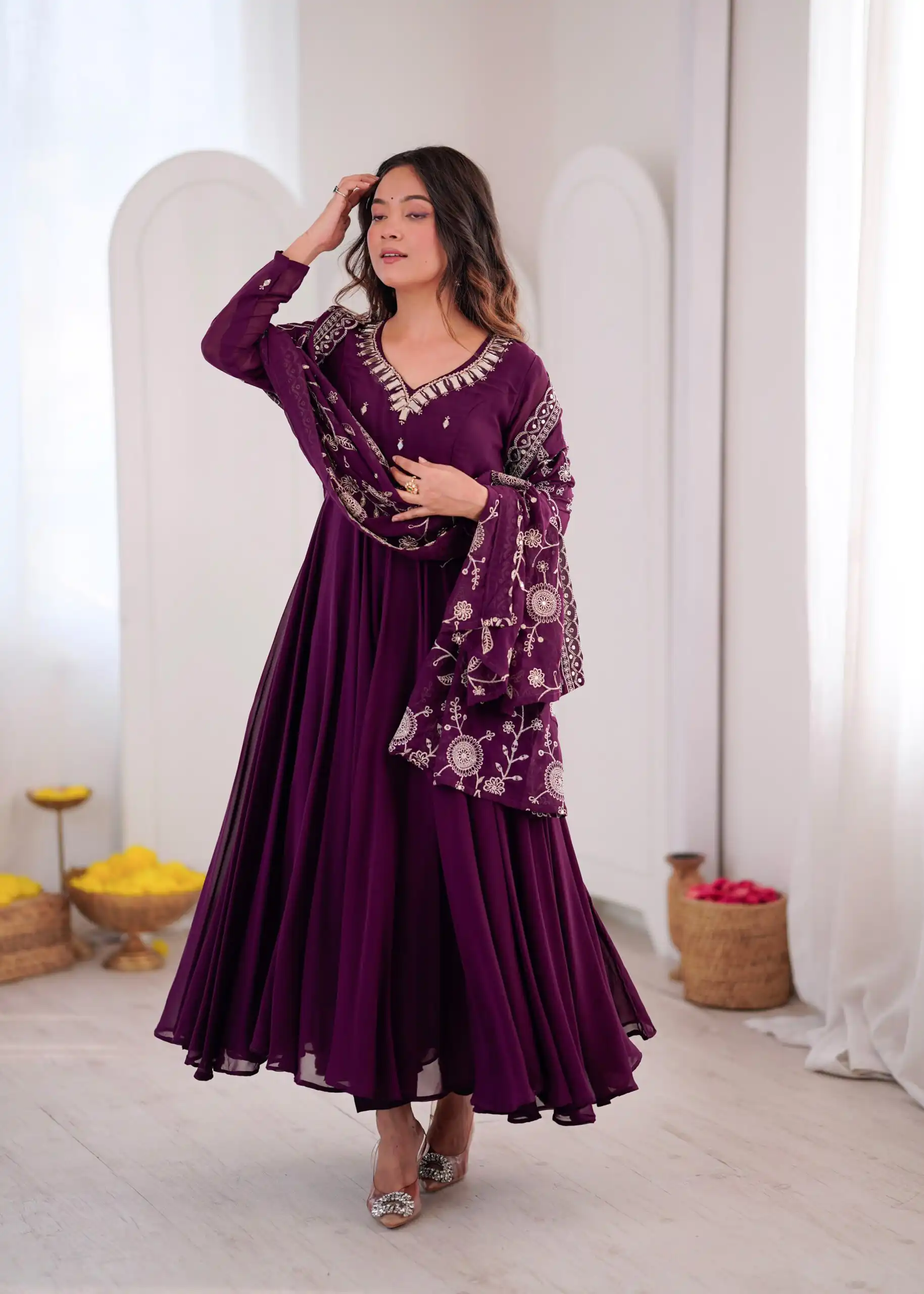 Shiny Wine Faux Georgette Embroidery Mirror Work Gown - Image 7