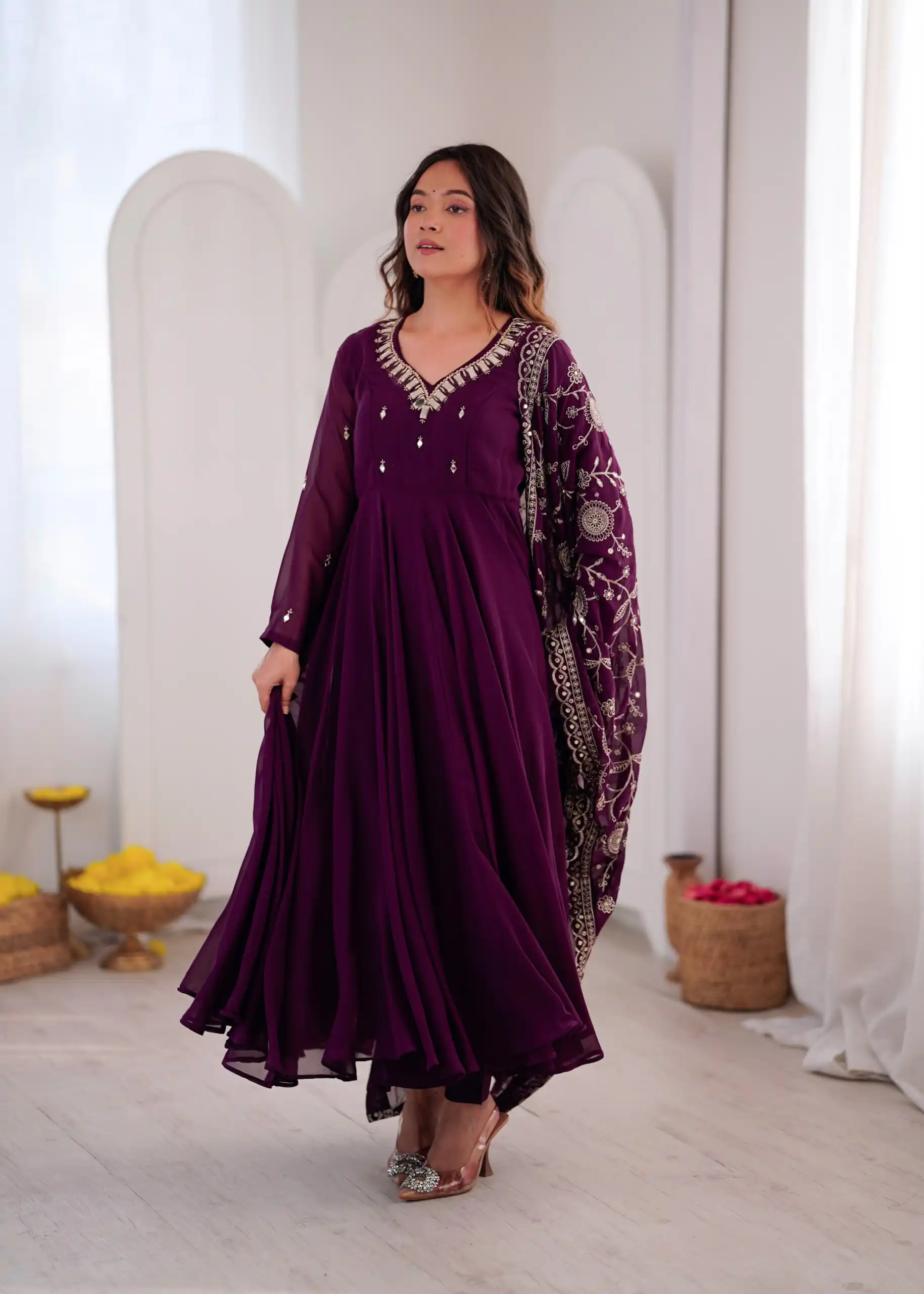 Shiny Wine Faux Georgette Embroidery Mirror Work Gown - Image 3