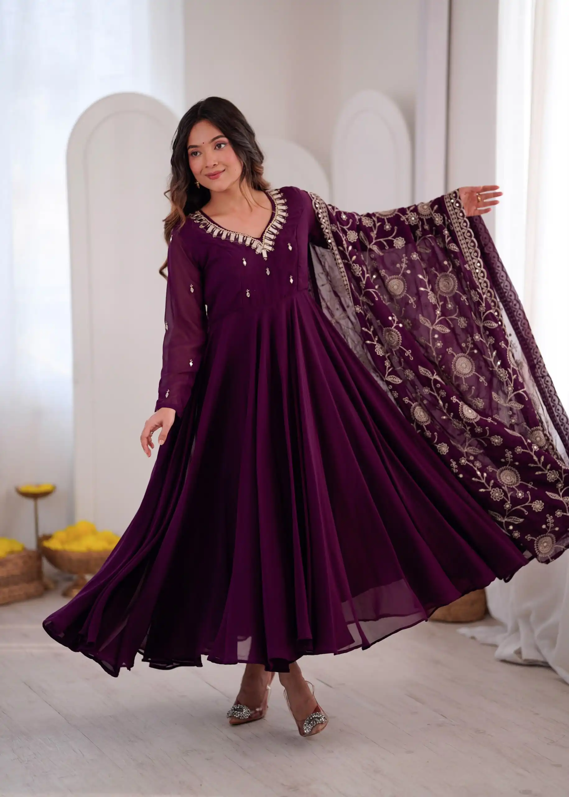 Shiny Wine Faux Georgette Embroidery Mirror Work Gown - Image 2