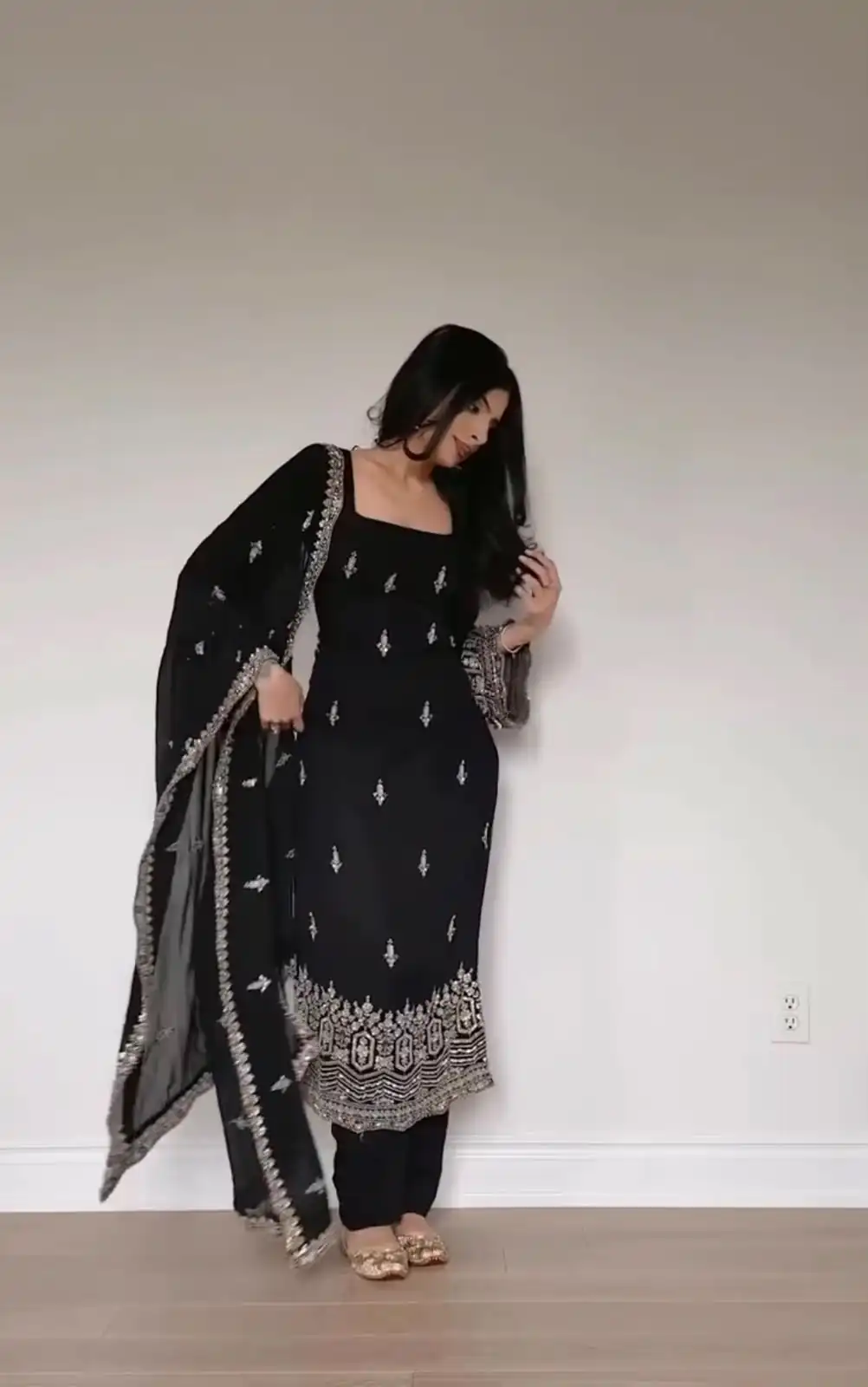 Simple Black Faux Georgette Embroider Work Salwar Suit - Image 2