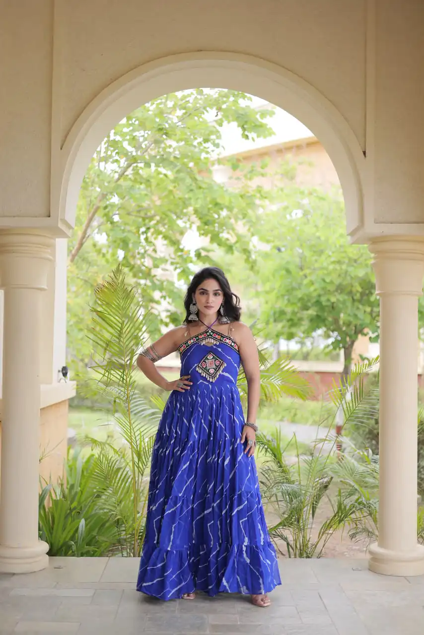 Simple Blue Faux Georgette Bandhani Print Work Gown - Image 3