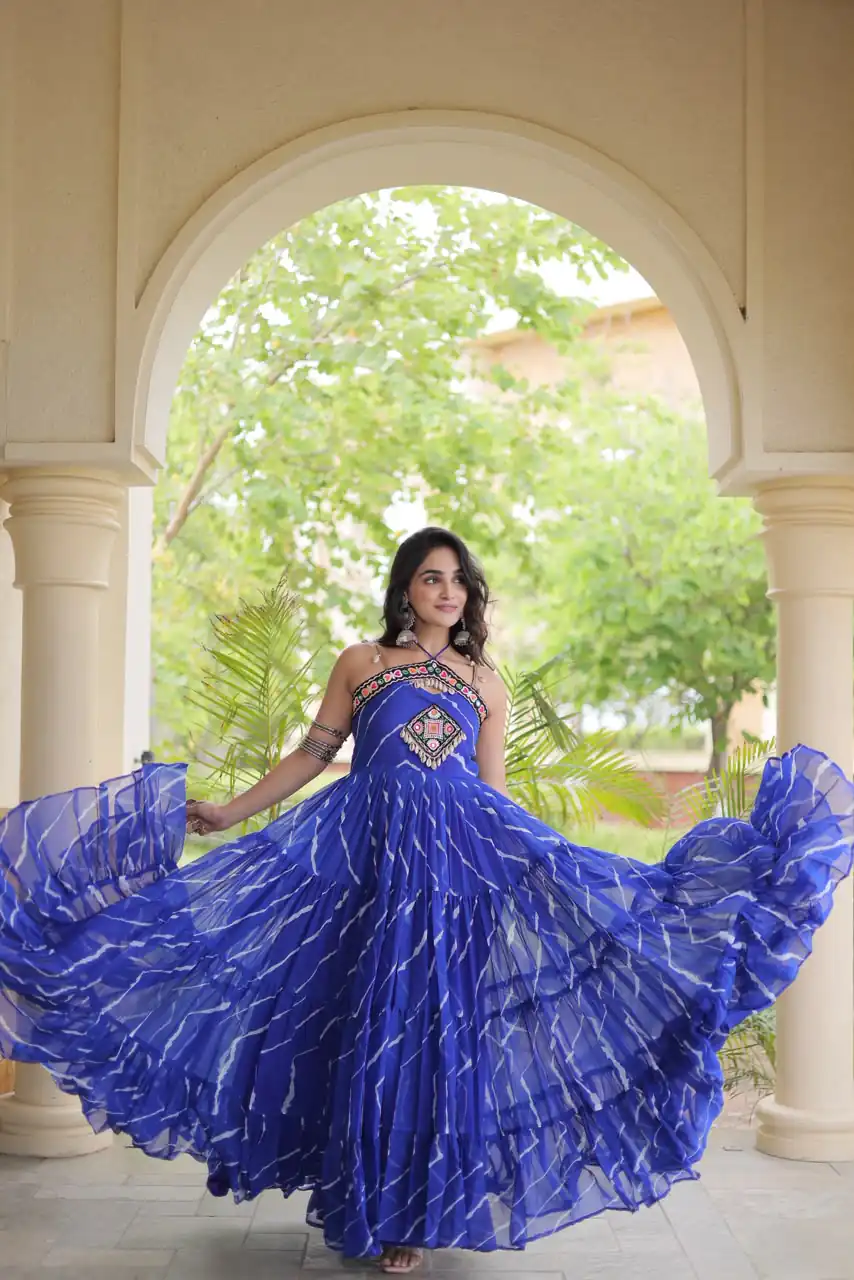 Simple Blue Faux Georgette Bandhani Print Work Gown