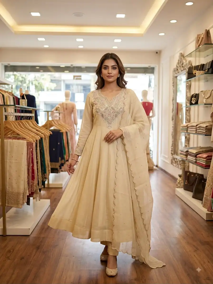 Simple Off White Cos Moss Embroidery Work Salwar Suit
