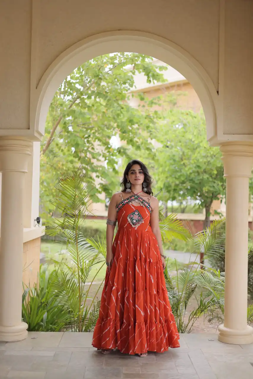 Simple Orange Faux Georgette Bandhani Print Work Gown - Image 4