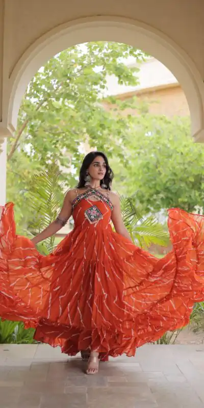 Simple Orange Faux Georgette Bandhani Print Work Gown
