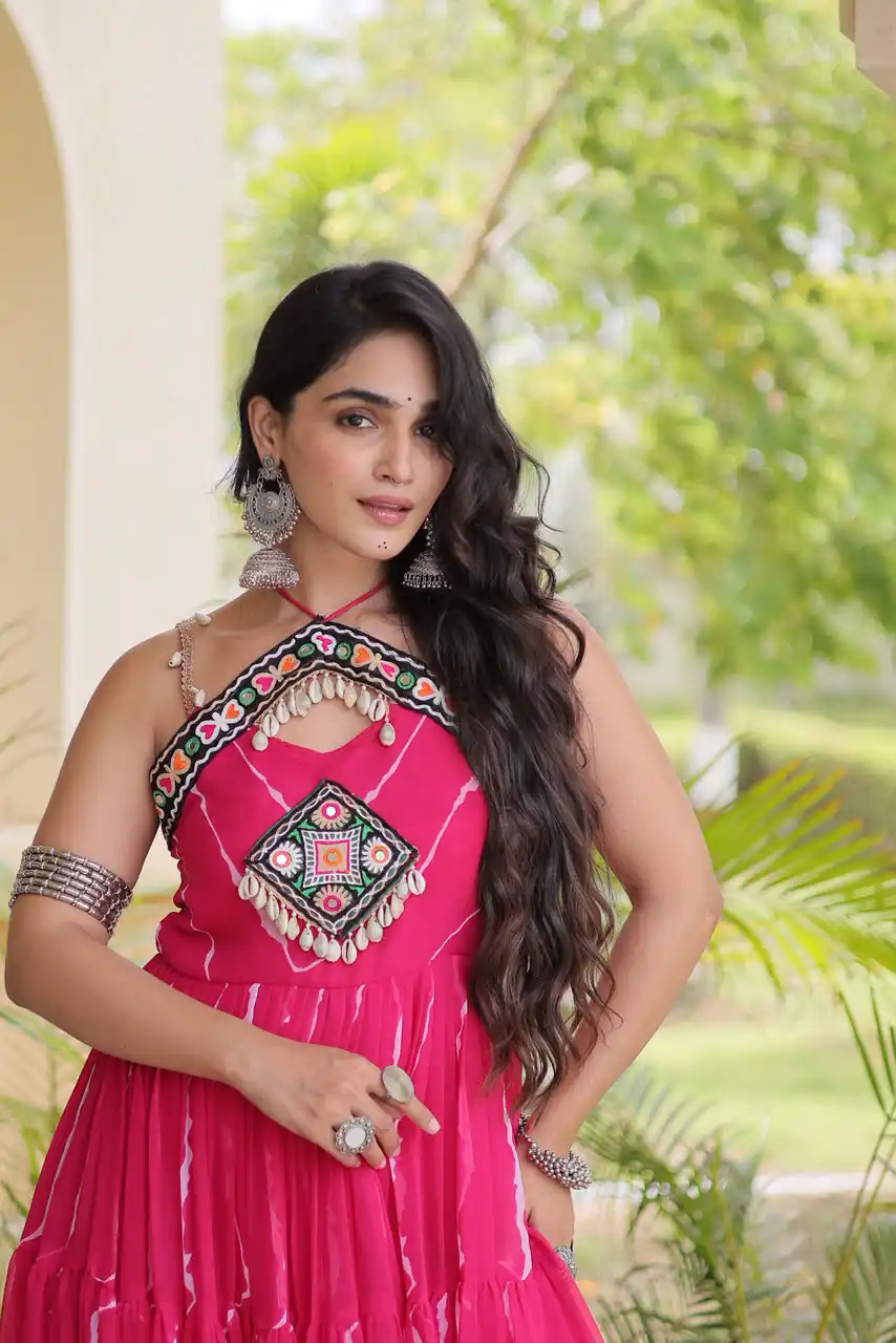 Simple Pink Faux Georgette Bandhani Print Work Gown - Image 2