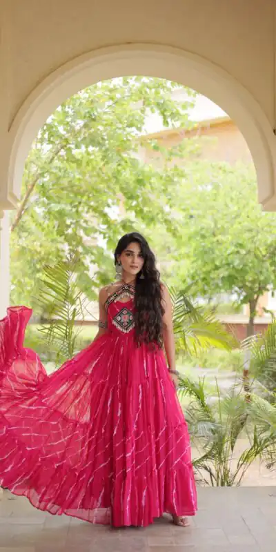 Simple Pink Faux Georgette Bandhani Print Work Gown