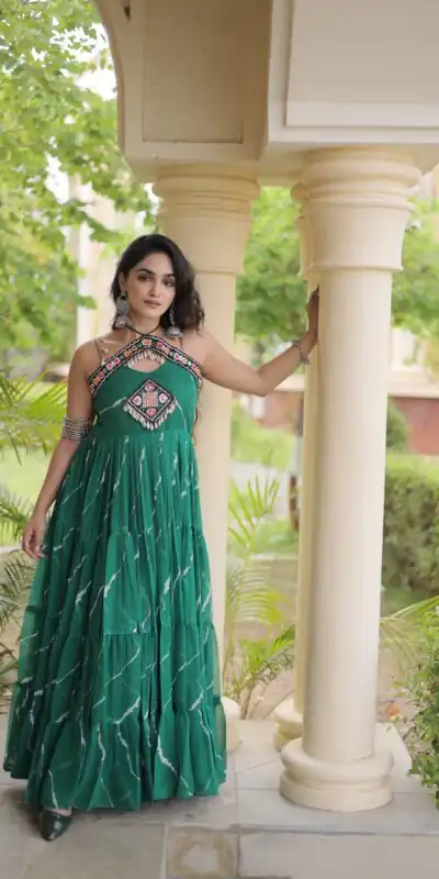 Simple Teal Faux Georgette Bandhani Print Work Gown