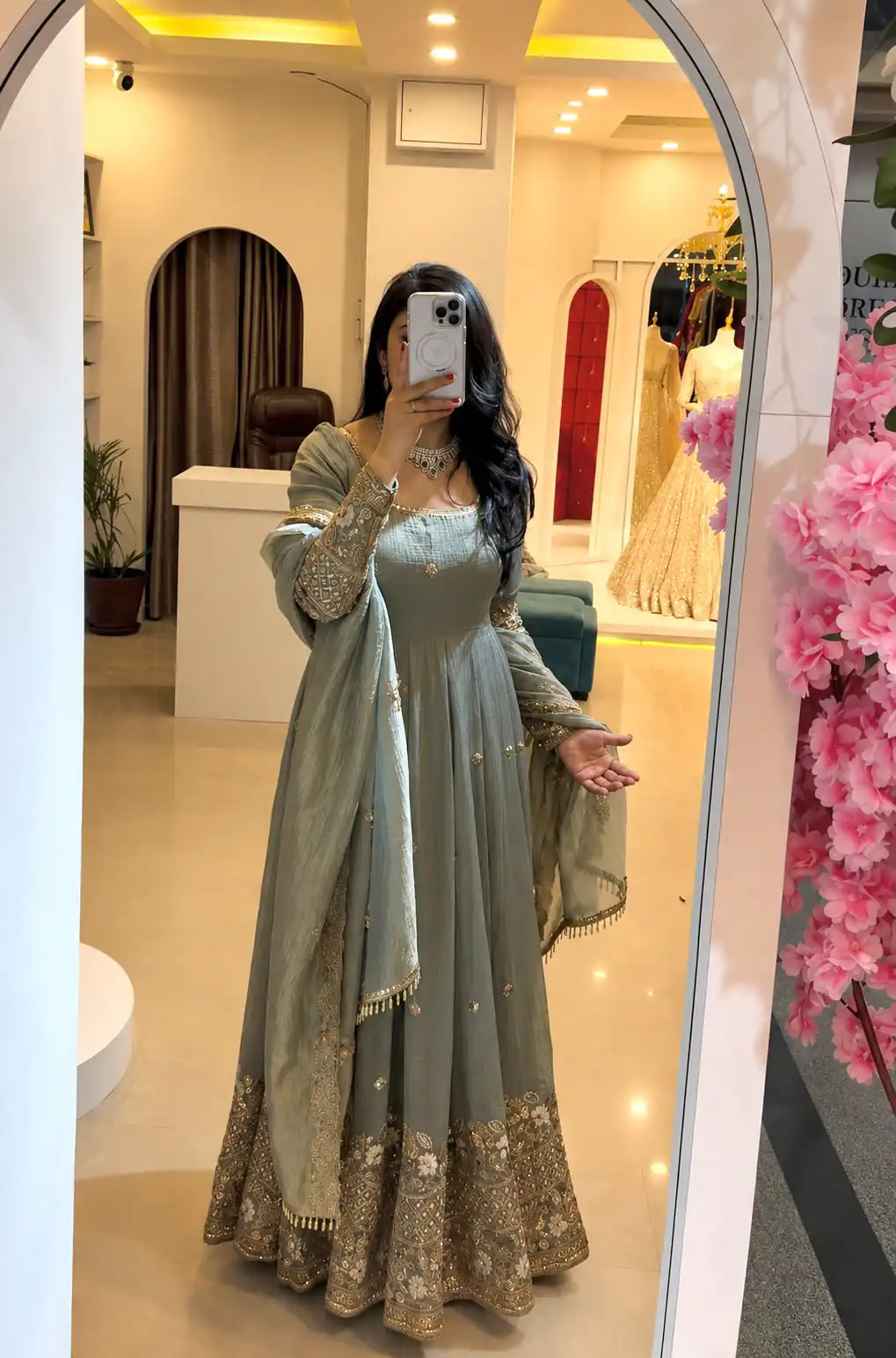 Stunning Grey Crunchy Silk Sequence Work Gown - Image 4