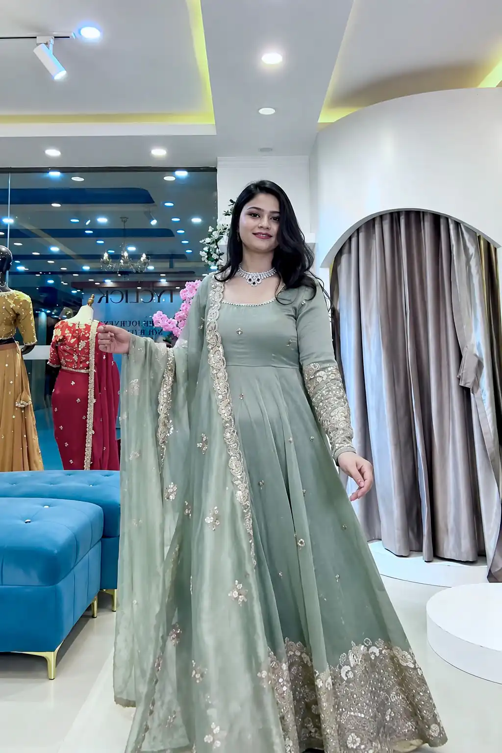 Stunning Grey Crunchy Silk Sequence Work Gown