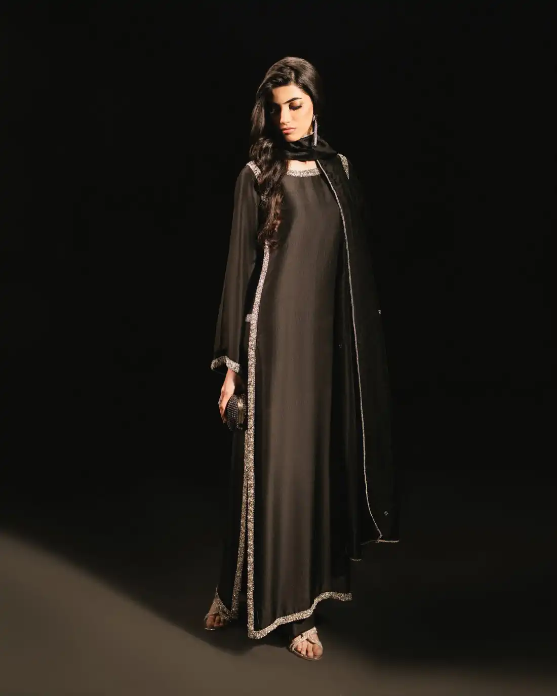 Stylish Black Natural Crep Breads Work Salwar Suit