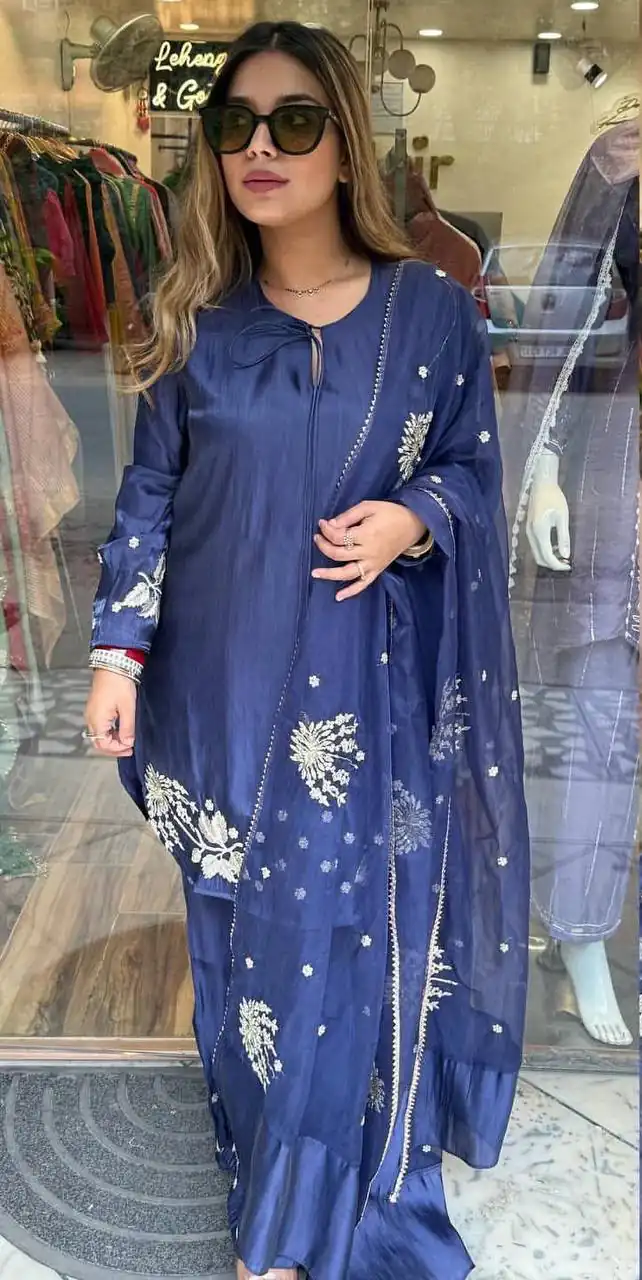 Stylish Blue Natural Crep Sequence Work Salwar Suit - Image 2