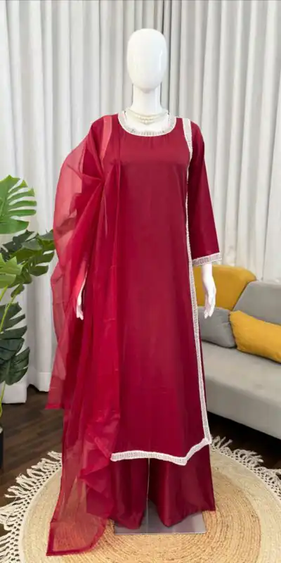 Stylish Maroon Natural Crep Breads Work Salwar Suit