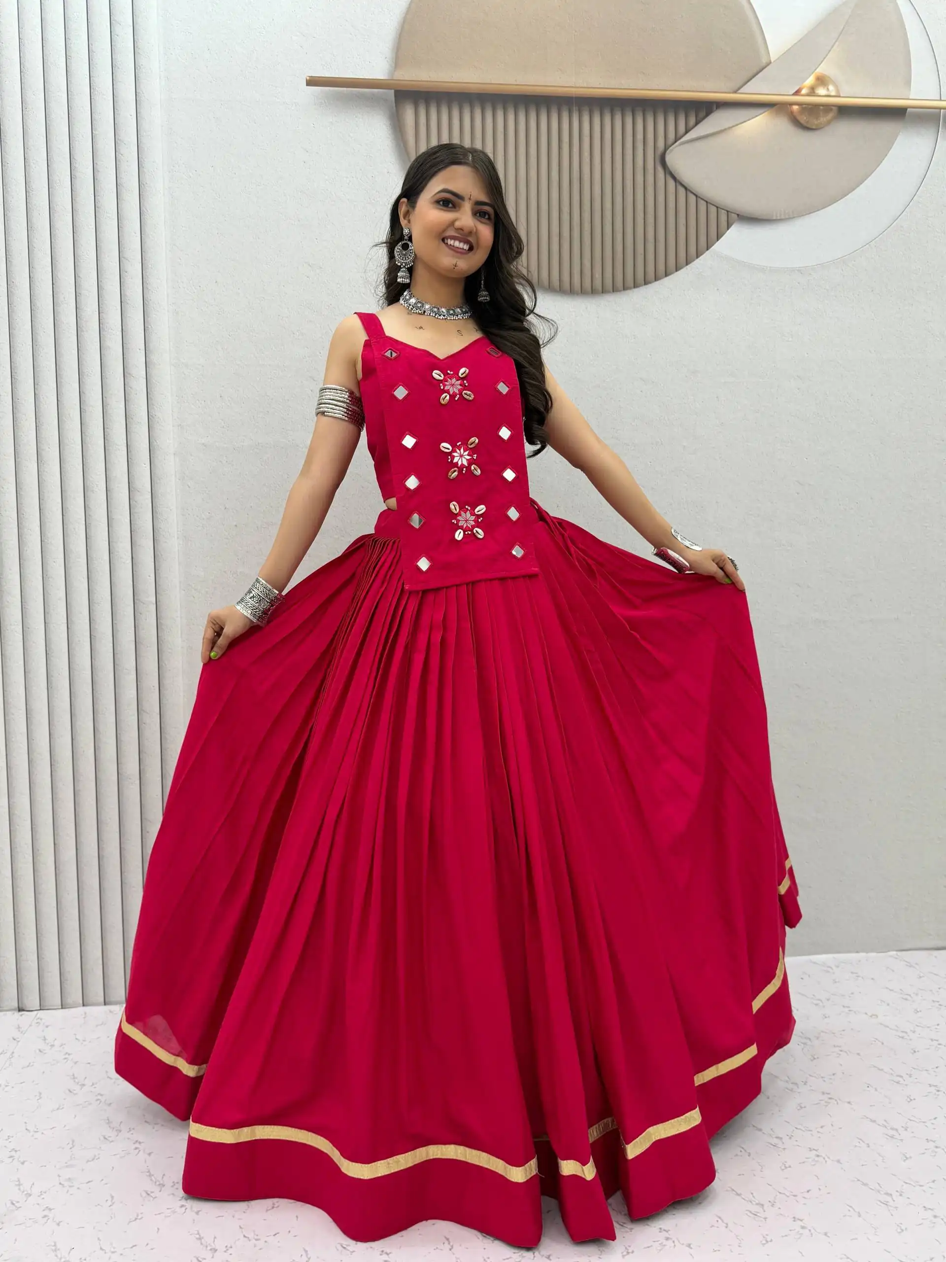 Stylish Pink Cotton Cowrie Work Lehenga Choli - Image 6