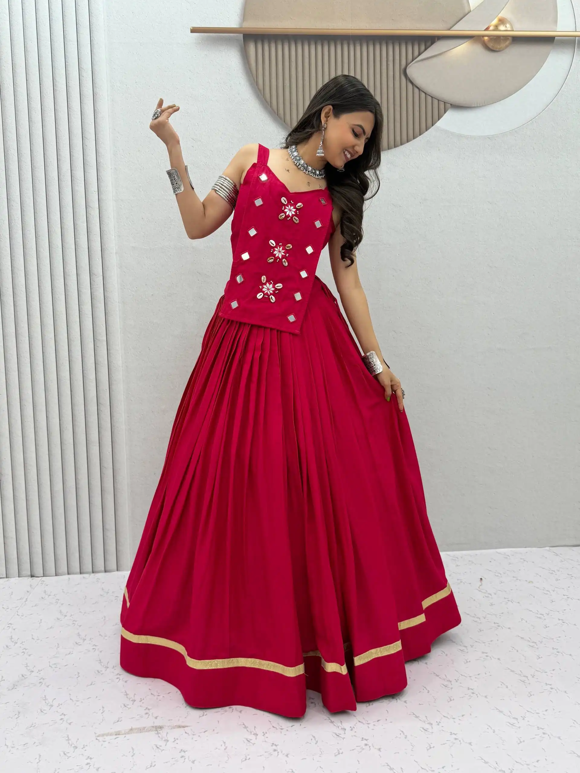 Stylish Pink Cotton Cowrie Work Lehenga Choli - Image 4