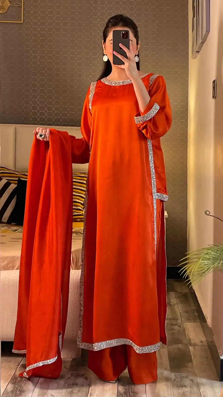Stylish Red Natural Crep Breads Work Salwar Suit