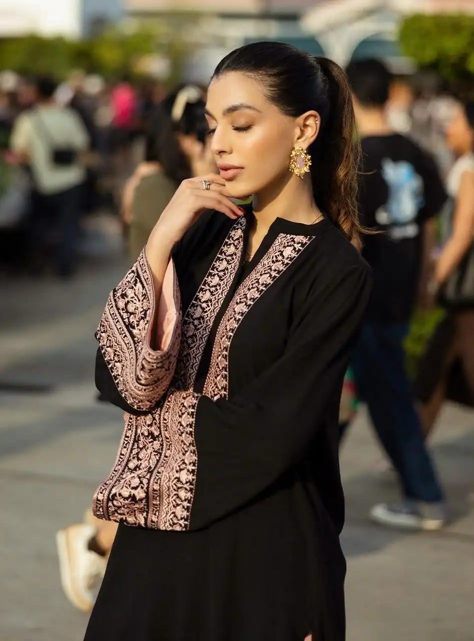 Stylist Black Rayon Cotton Thread Work Kurti - Image 3