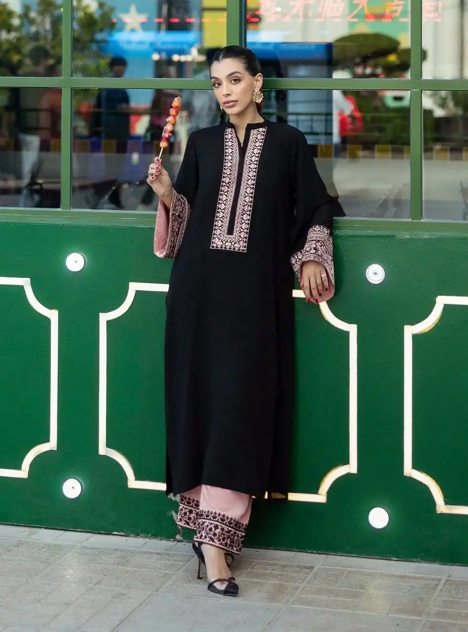 Stylist Black Rayon Cotton Thread Work Kurti - Image 2