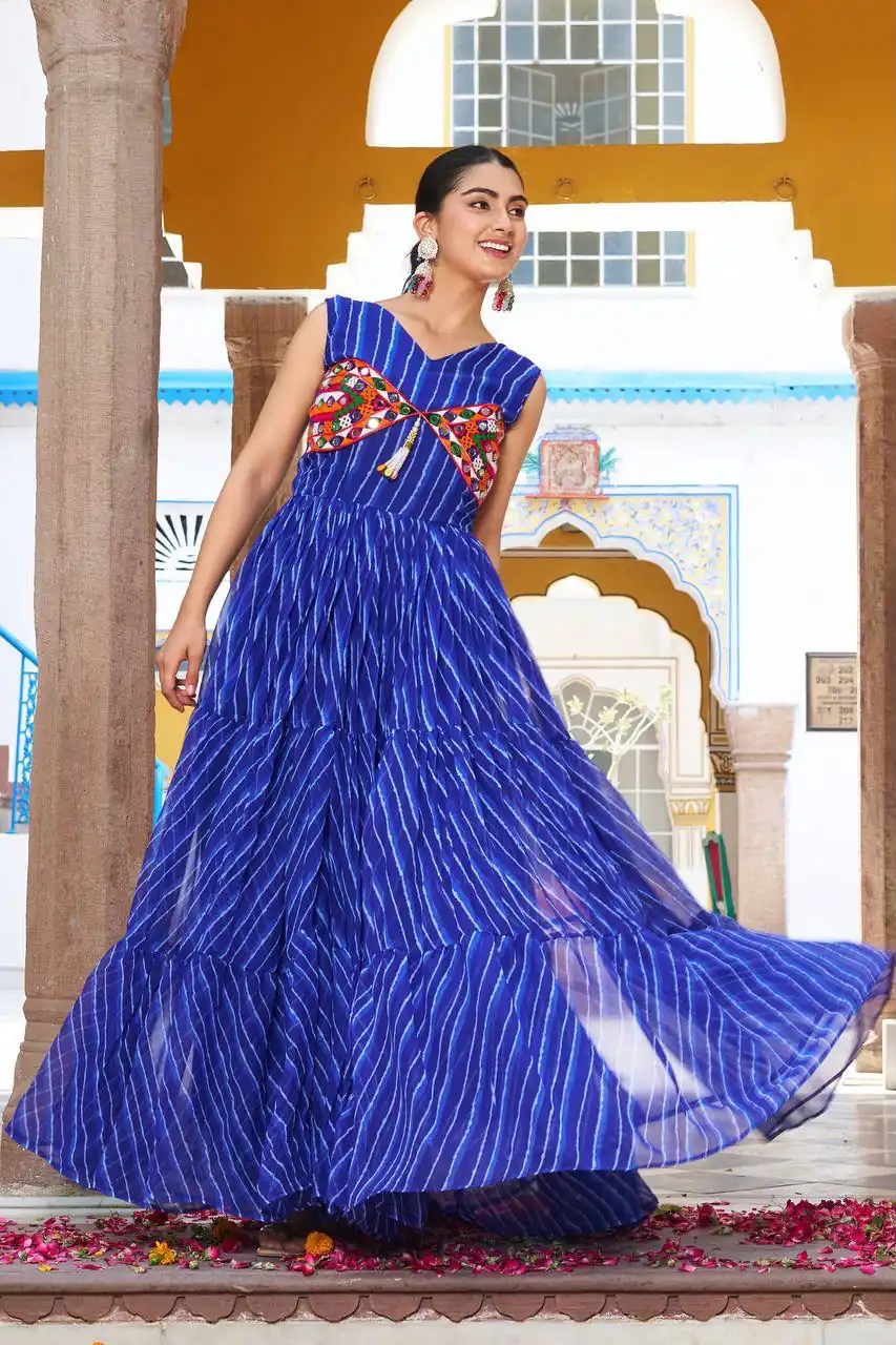 Stylist Blue Georgette Bandhani Print Work Gown