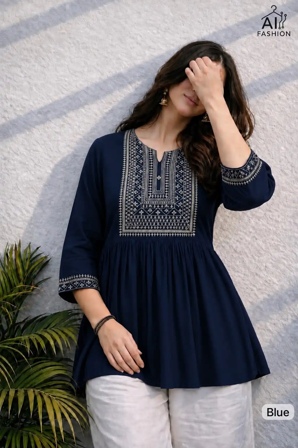 Stylist Blue Rayon Cotton Beads Work Kurt