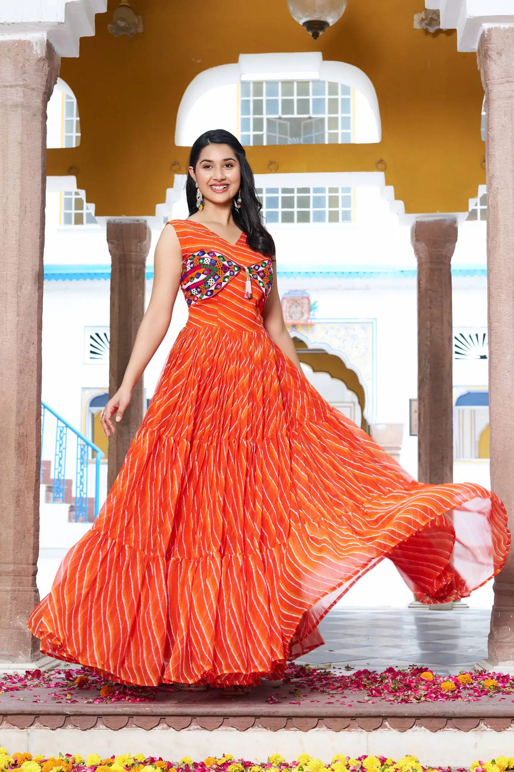 Stylist Orange Georgette Bandhani Print Work Gown - Image 3