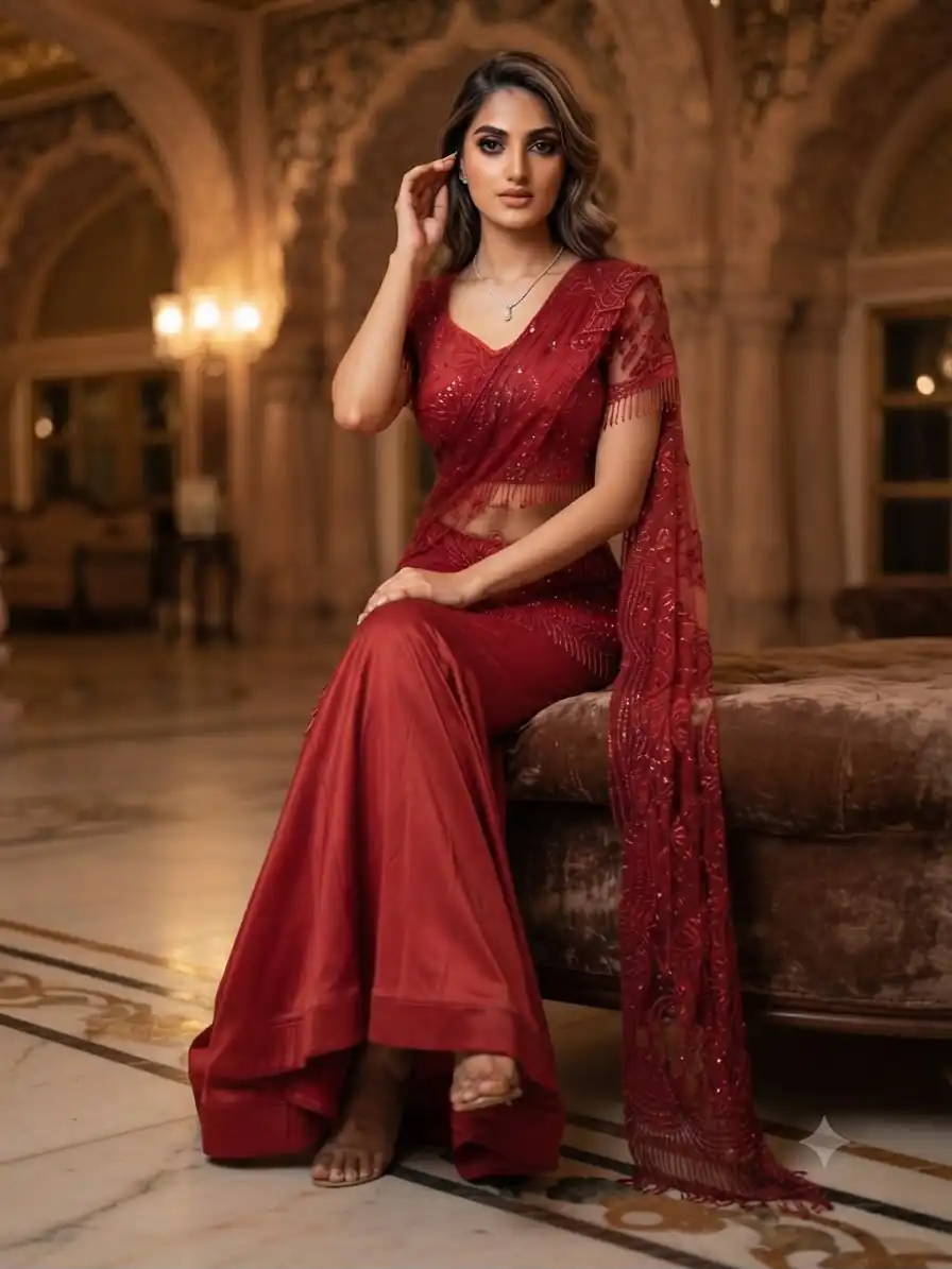 Stylist Red Crap Silk Embroider Work Saree - Image 2