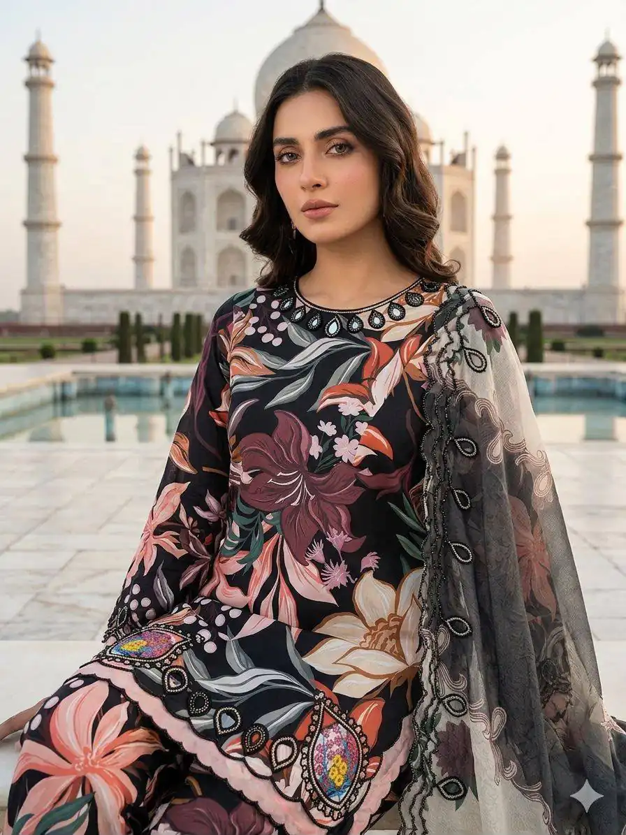 Super Black Printed Muslin Embroidery Cut Work Salwar Suit - Image 3