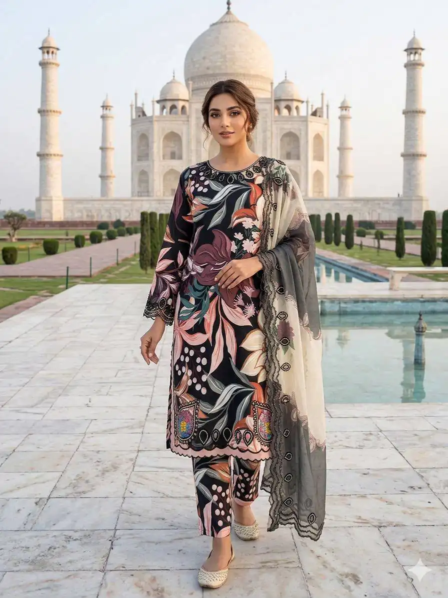 Super Black Printed Muslin Embroidery Cut Work Salwar Suit
