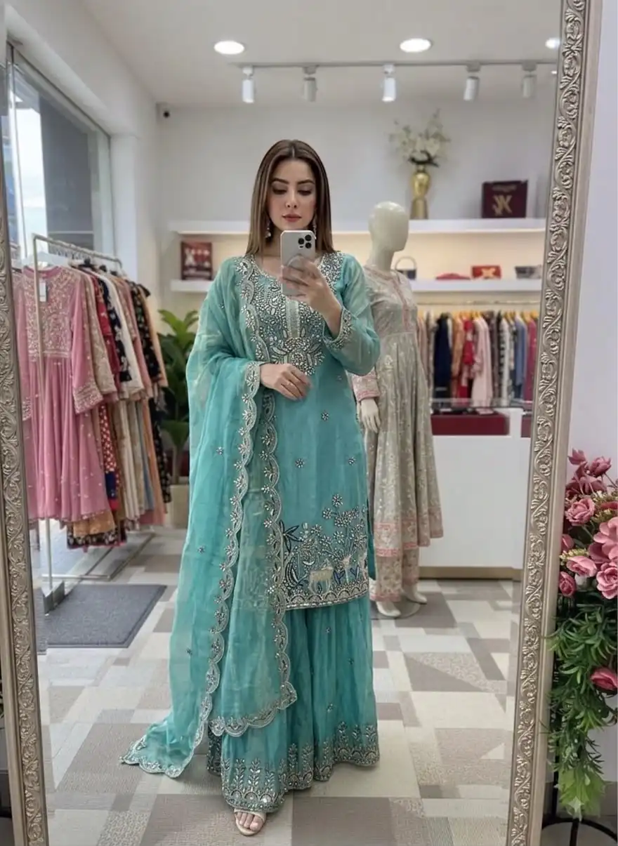 Super Blue Fendy Silk Sequins Work Salwar Suit - Image 3