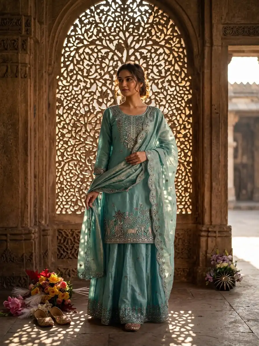 Super Blue Fendy Silk Sequins Work Salwar Suit