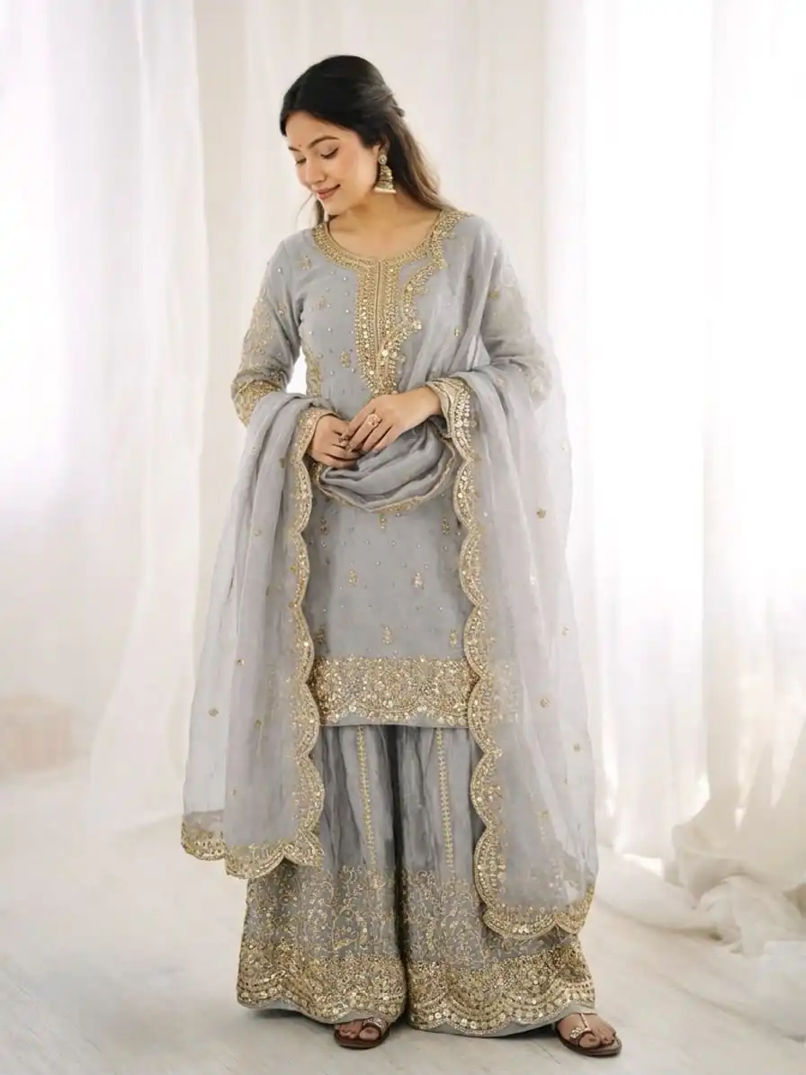 Super Grey Fendy Silk Embroidery Work Salwar Suit - Image 3