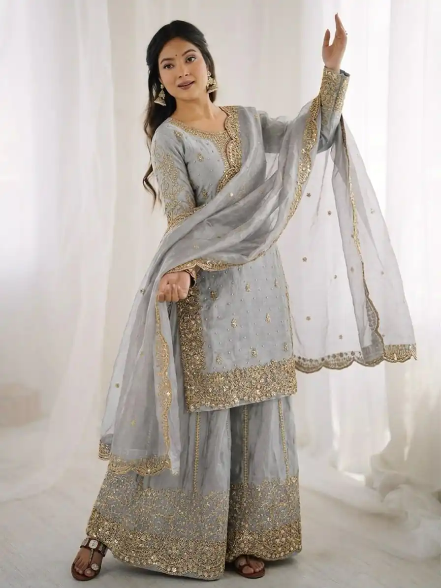 Super Grey Fendy Silk Embroidery Work Salwar Suit