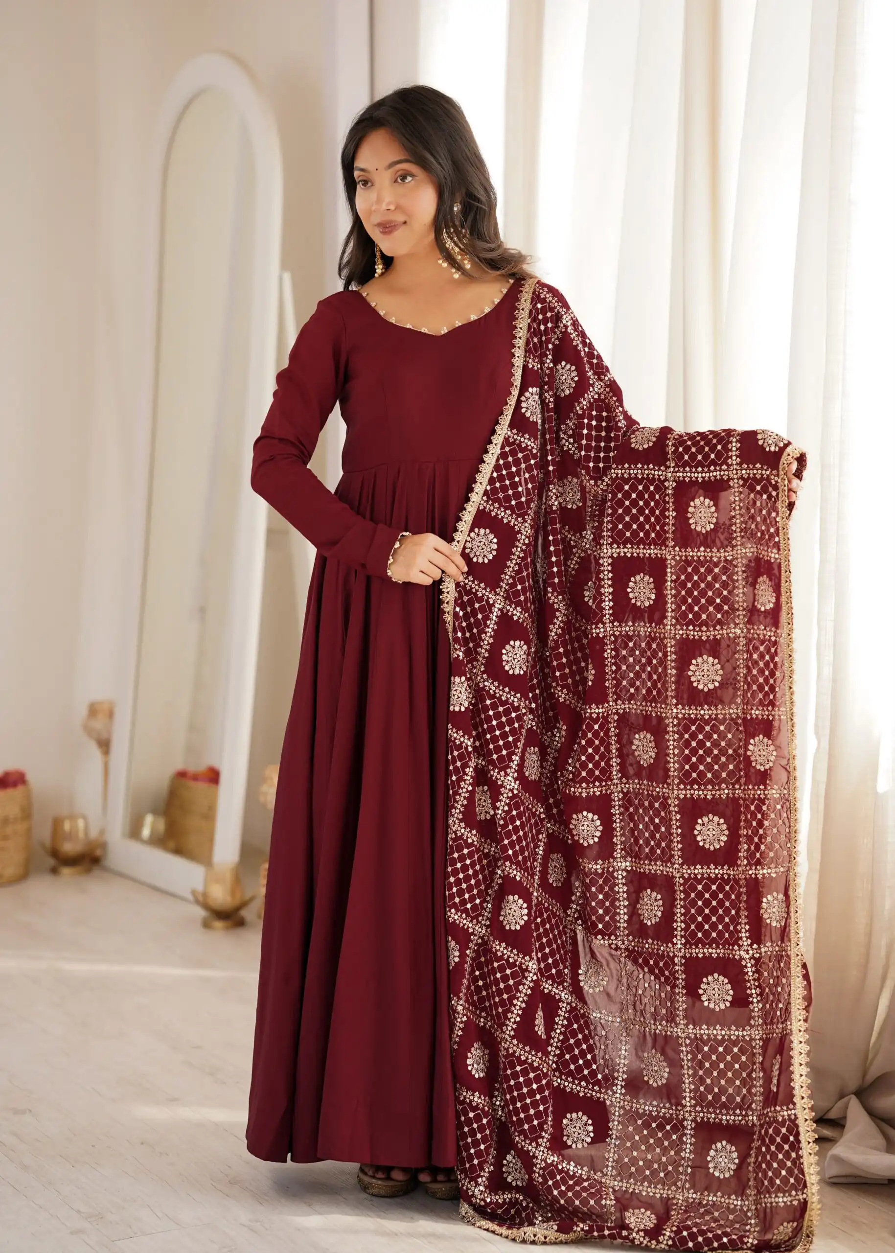 Super Maroon Roman Silk Chanderi Lace Work Anarkali Suit - Image 5
