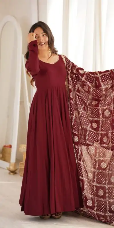 Alternative view of Super Maroon Roman Silk Chanderi Lace Work Anarkali Suit