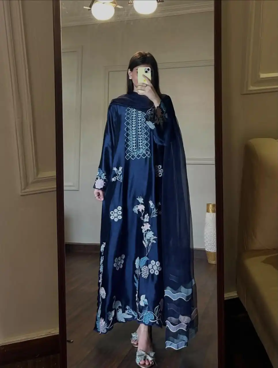 Super Navy Blue Jura Silk Embroidery Salwar Suit - Image 3