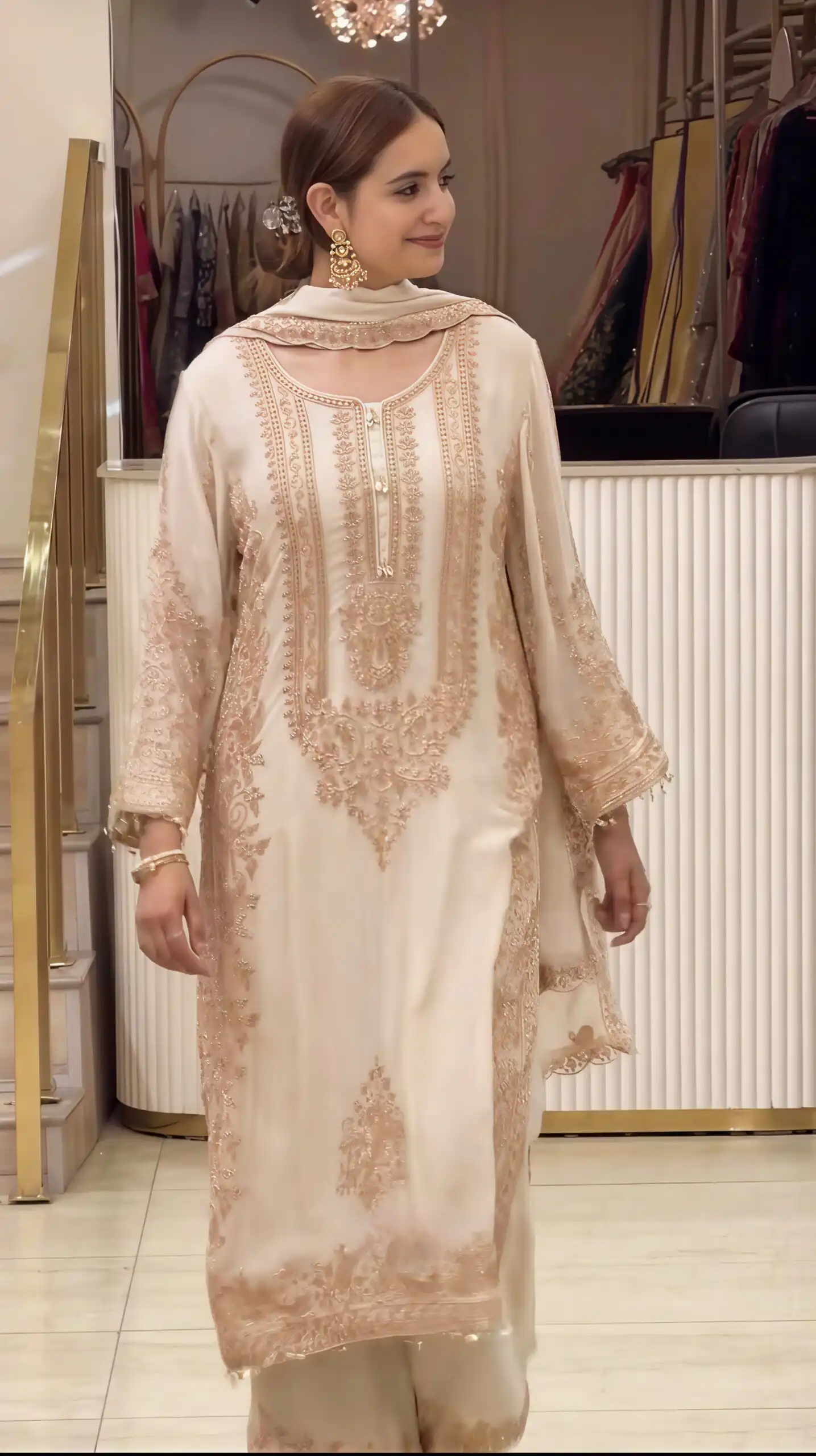 Super Off White Faux Georgette Embroider Work Salwar Suit - Image 4