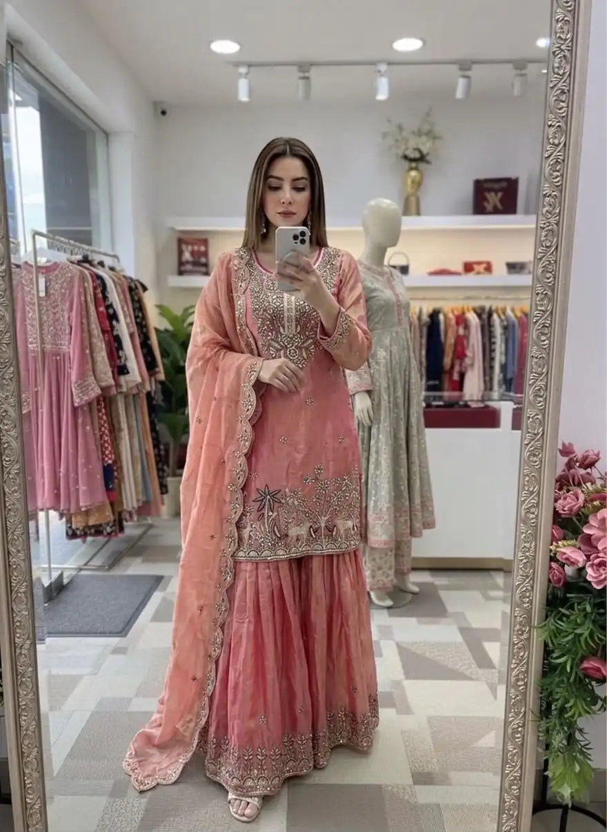 Super Peach Fendy Silk Sequins Work Salwar Suit - Image 3