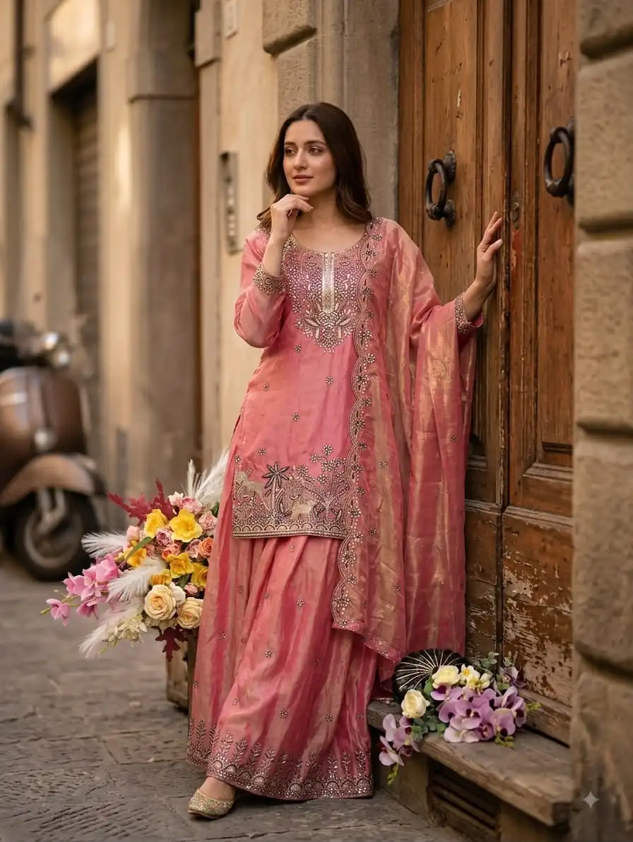 Super Peach Fendy Silk Sequins Work Salwar Suit - Image 2