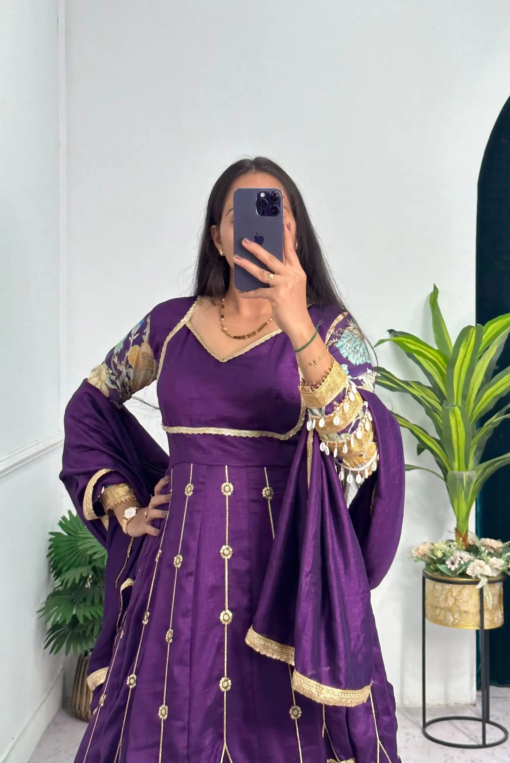 Super Purple Blooming Vichitra Embroidery Zari Work Gown - Image 8