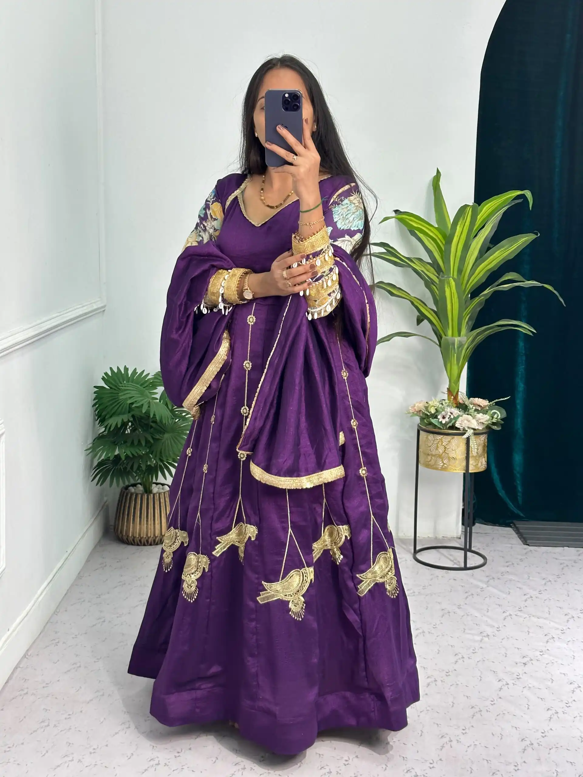 Super Purple Blooming Vichitra Embroidery Zari Work Gown - Image 6