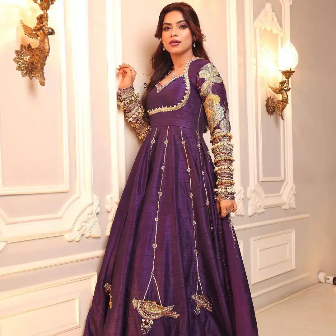 Super Purple Blooming Vichitra Embroidery Zari Work Gown - Image 3