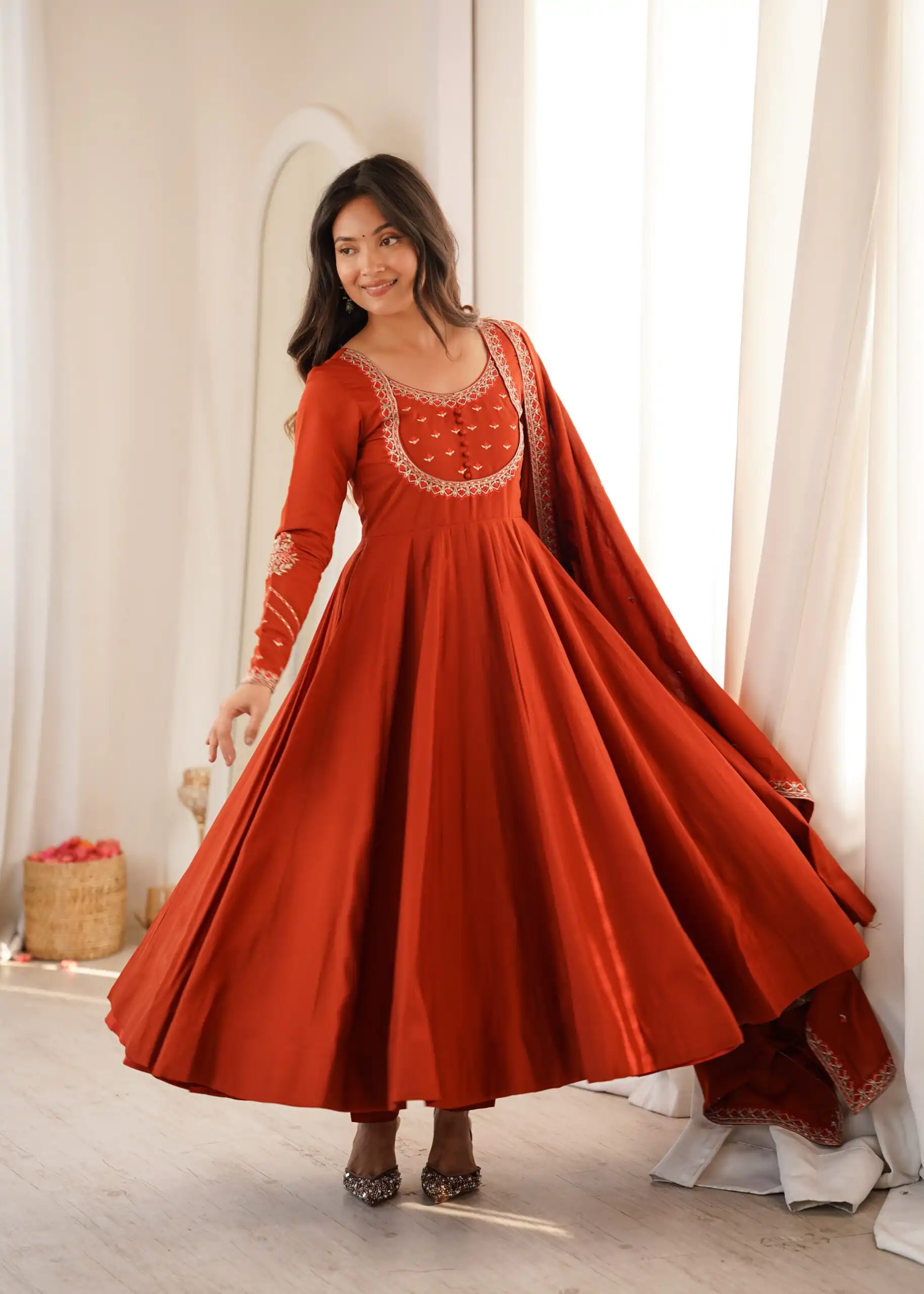 Super Rust Roman Silk Chanderi Thread Work Anarkali Suit - Image 4
