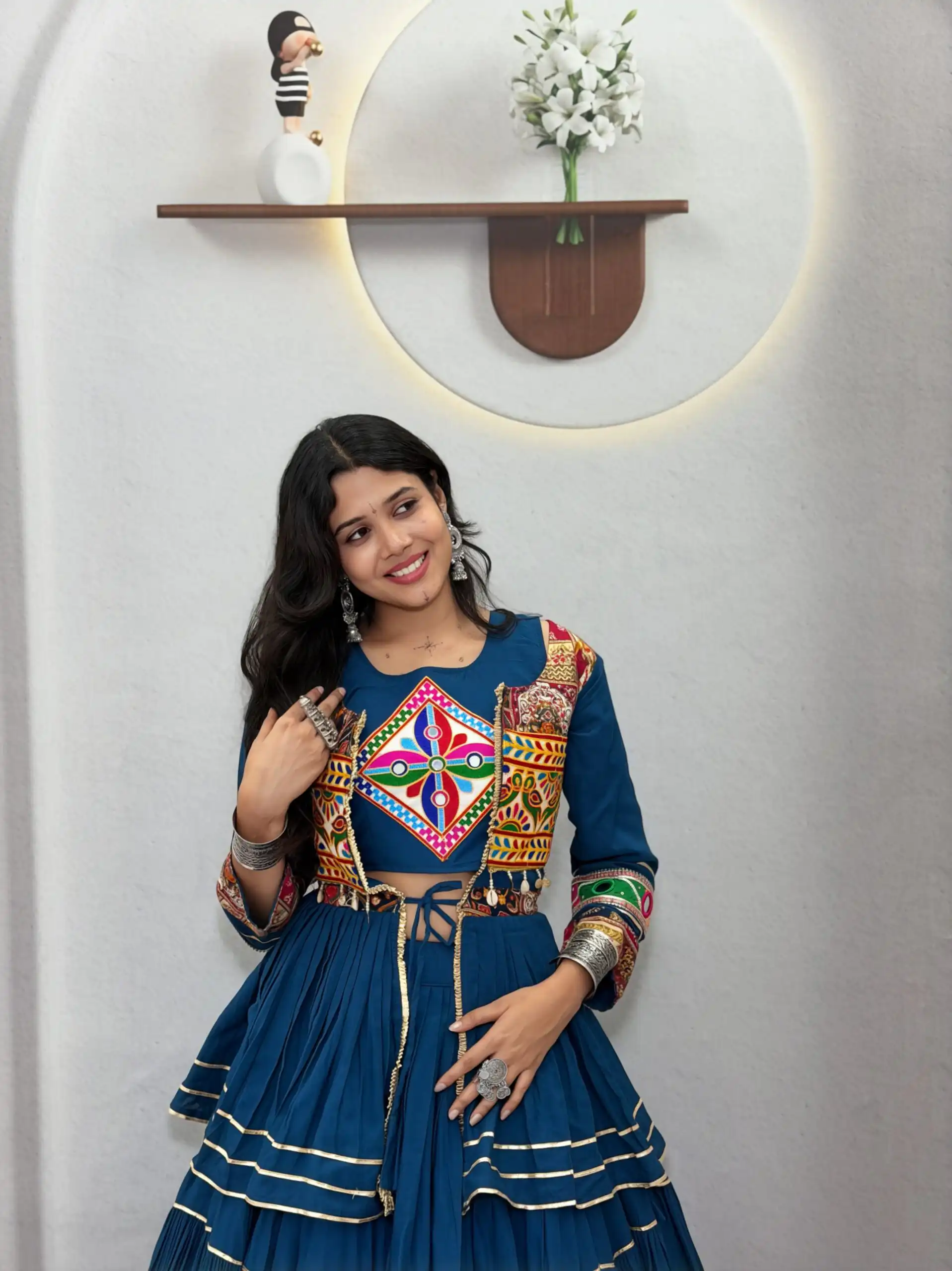 Super Teal Cotton Mirror Gamthi Work Lehenga Choli - Image 4